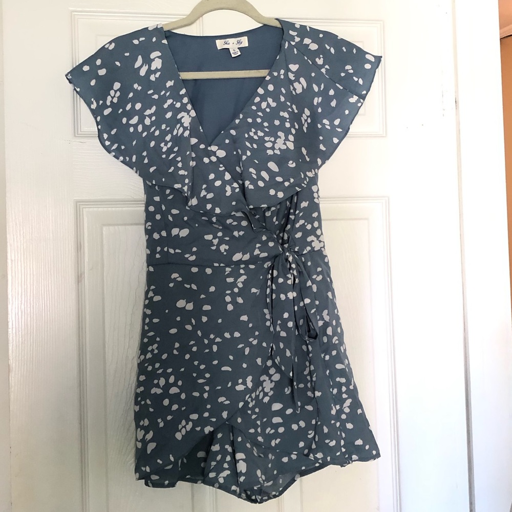 She + Sky Speckled Slate Blue Wrapped Romper